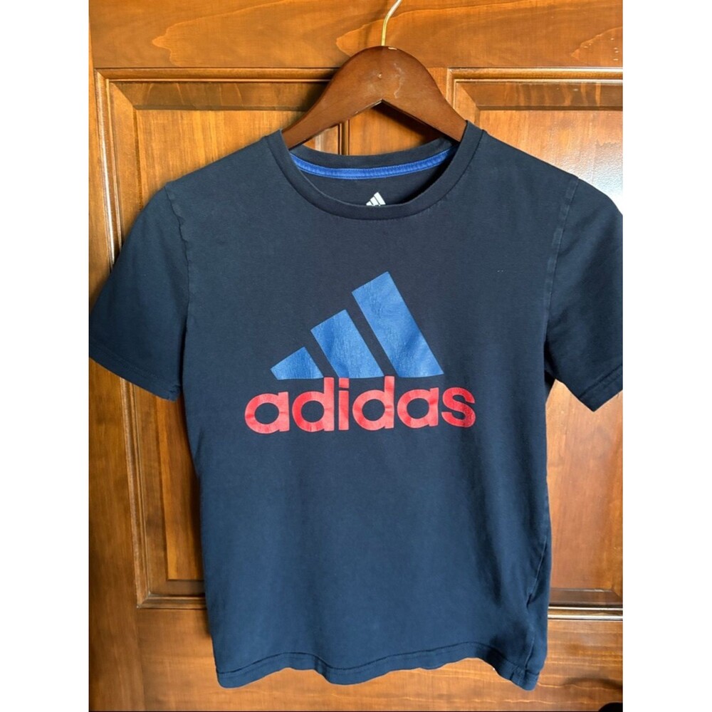 adidas Navy Blue Tee with Blue Logo and Red Text- Boys Medium 10/12